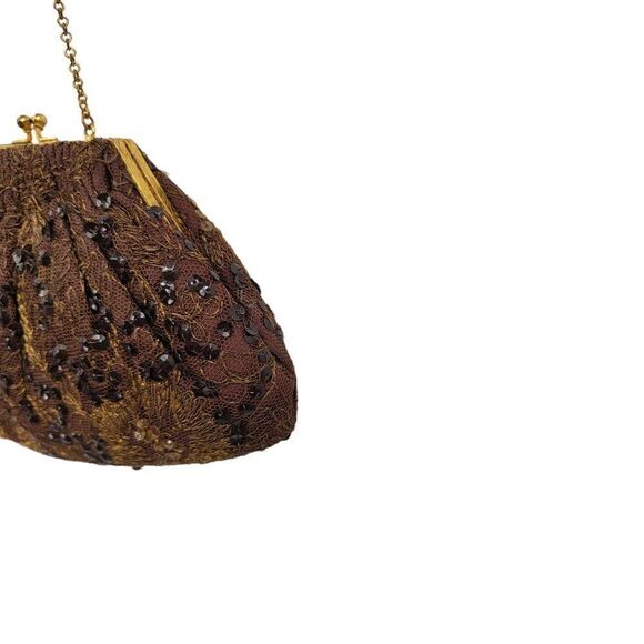 Vtg 50's Baguette Mini Framed Brown Gold Metallic Floral Embroidered Sequin - Picture 9 of 10